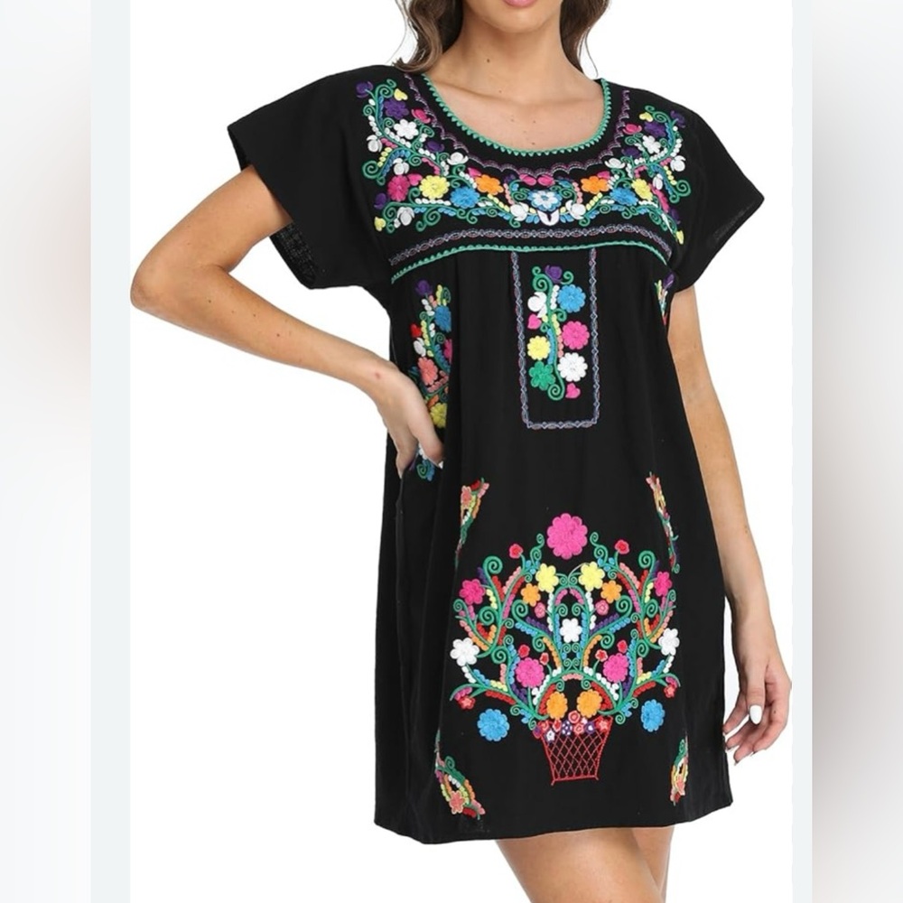 YZXDORWJ Women Embroidered Lace Short Sleeve Dress Peasant‎ Midi Boho Dress Sz M